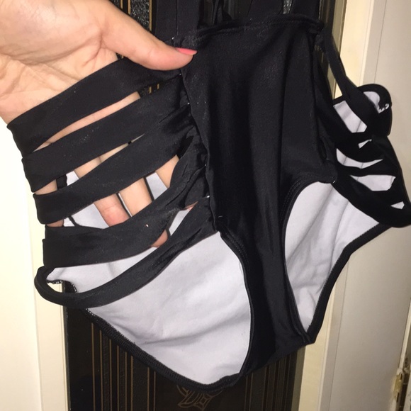 Strappy Black One Piece Halter Bathing Suit - Picture 3 of 6